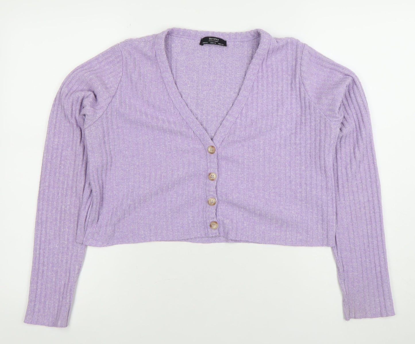 Bershka Women’s Purple Ribbed V-Neck Button Cardigan Size 12