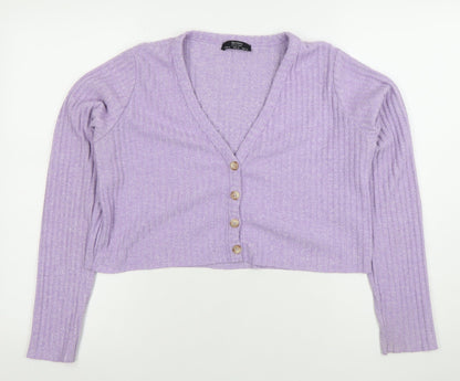 Bershka Women’s Purple Ribbed V-Neck Button Cardigan Size 12
