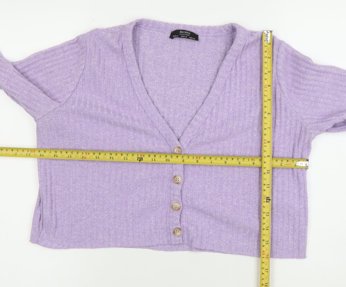 Bershka Women’s Purple Ribbed V-Neck Button Cardigan Size 12
