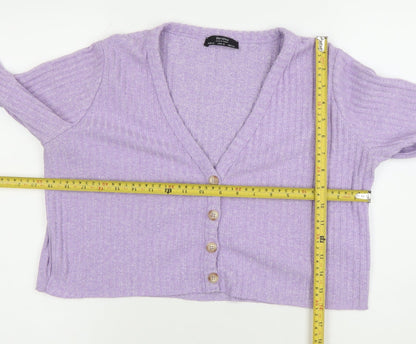 Bershka Women’s Purple Ribbed V-Neck Button Cardigan Size 12