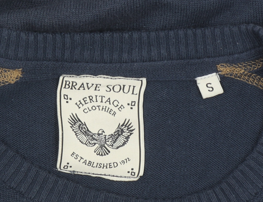Brave Soul Men's Blue Cotton Crew Neck Pullover Jumper Size S