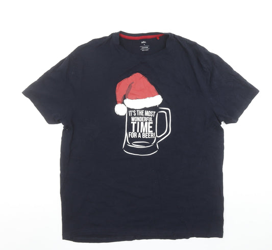 Marks and Spencer Men's Blue Christmas Beer Graphic Short Sleeve T-Shirt Size M