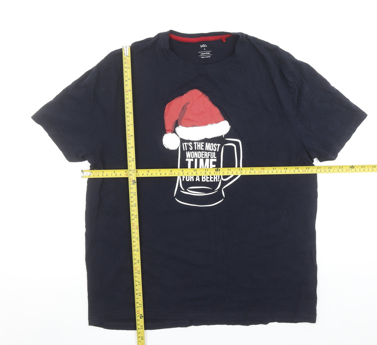 Marks and Spencer Men's Blue Christmas Beer Graphic Short Sleeve T-Shirt Size M