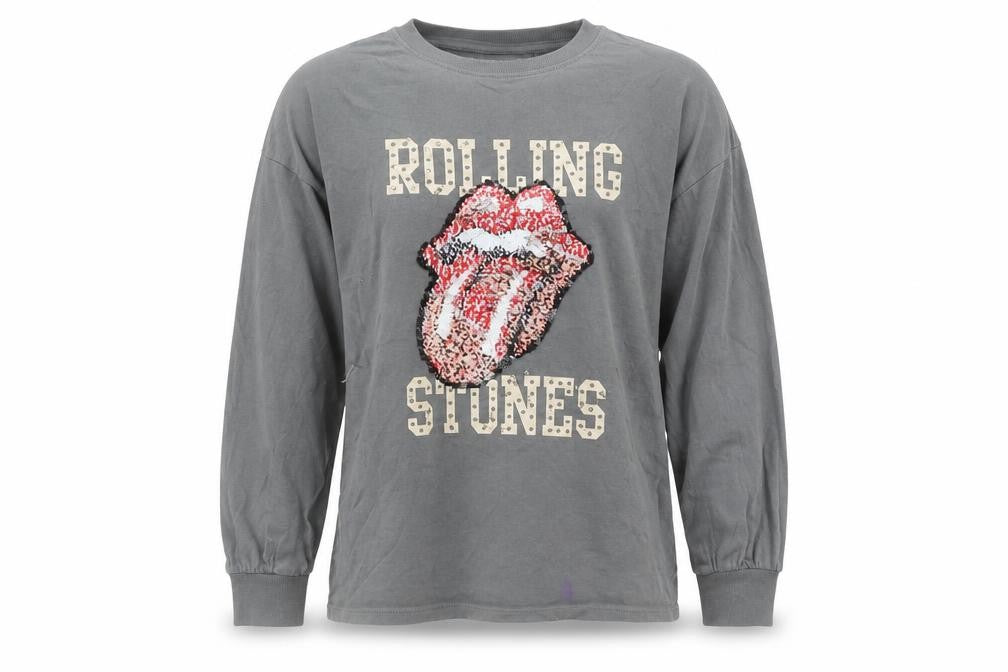 Front view of Next girls’ grey rolling stones sequin long sleeve t-shirt 11 years