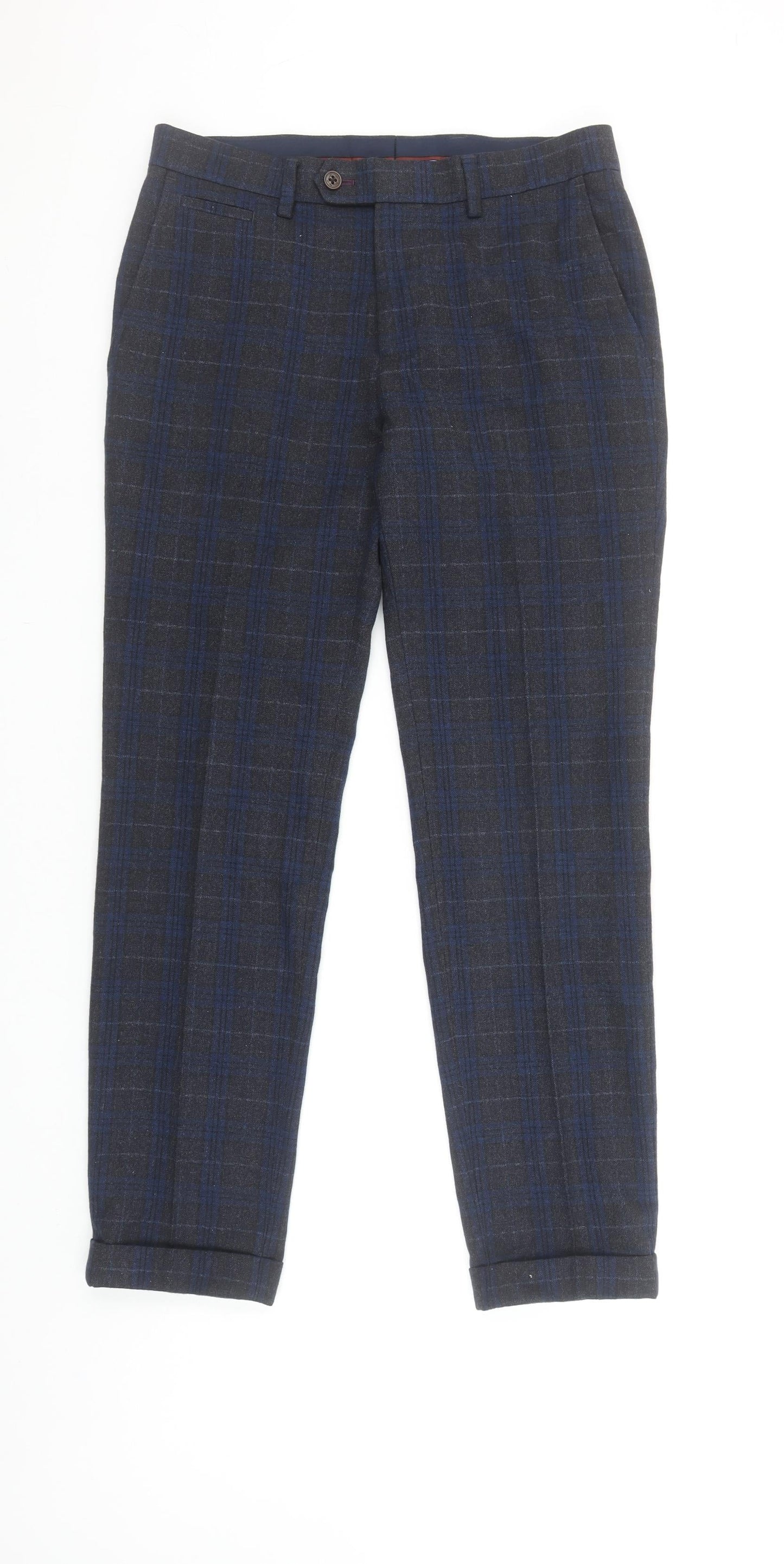 Next Men's Grey Blue Check Trousers 34W 30L Wool Blend Slim Fit
