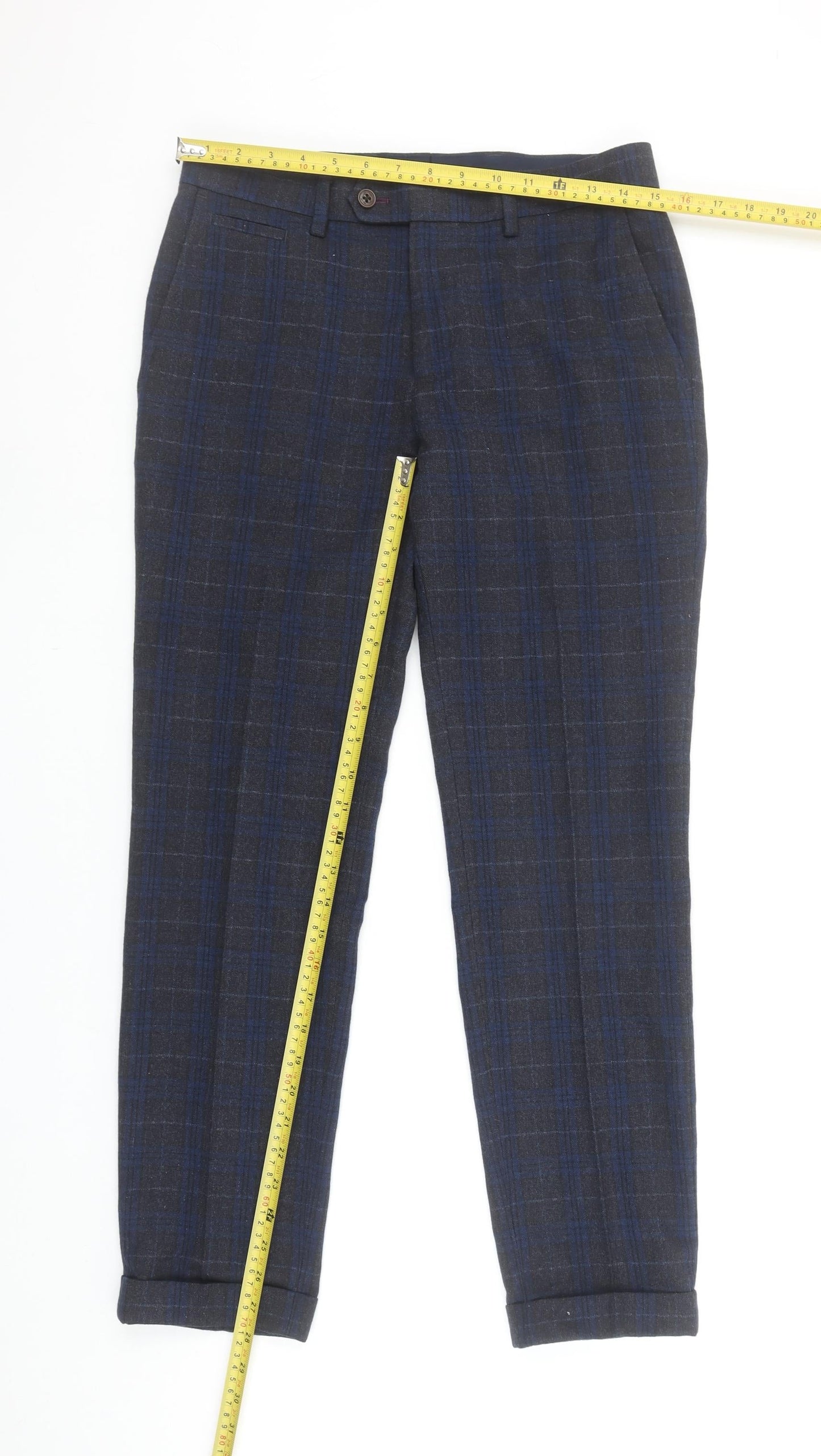 Next Men's Grey Blue Check Trousers 34W 30L Wool Blend Slim Fit