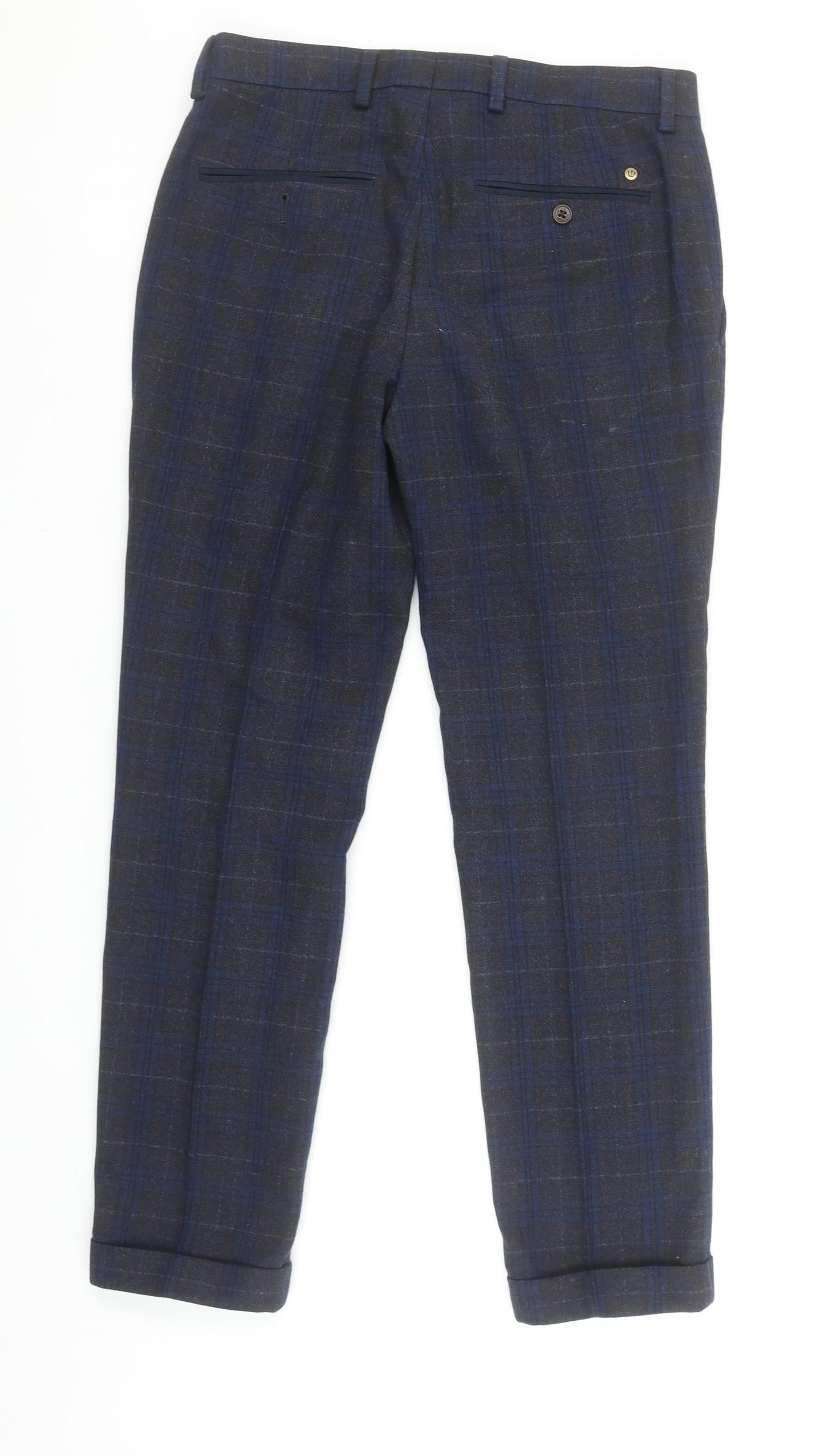 Next Men's Grey Blue Check Trousers 34W 30L Wool Blend Slim Fit