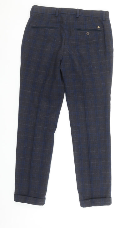 Next Men's Grey Blue Check Trousers 34W 30L Wool Blend Slim Fit