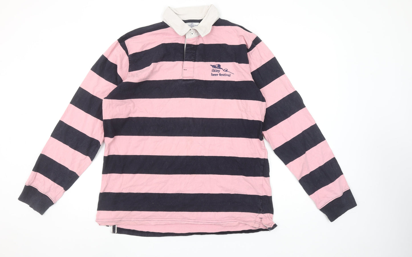 Front Row Men's Pink & Navy Striped Long Sleeve Polo XL Rugby Style