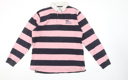 Front Row Men's Pink & Navy Striped Long Sleeve Polo XL Rugby Style