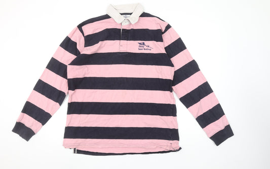 Front Row Men's Pink & Navy Striped Long Sleeve Polo XL Rugby Style