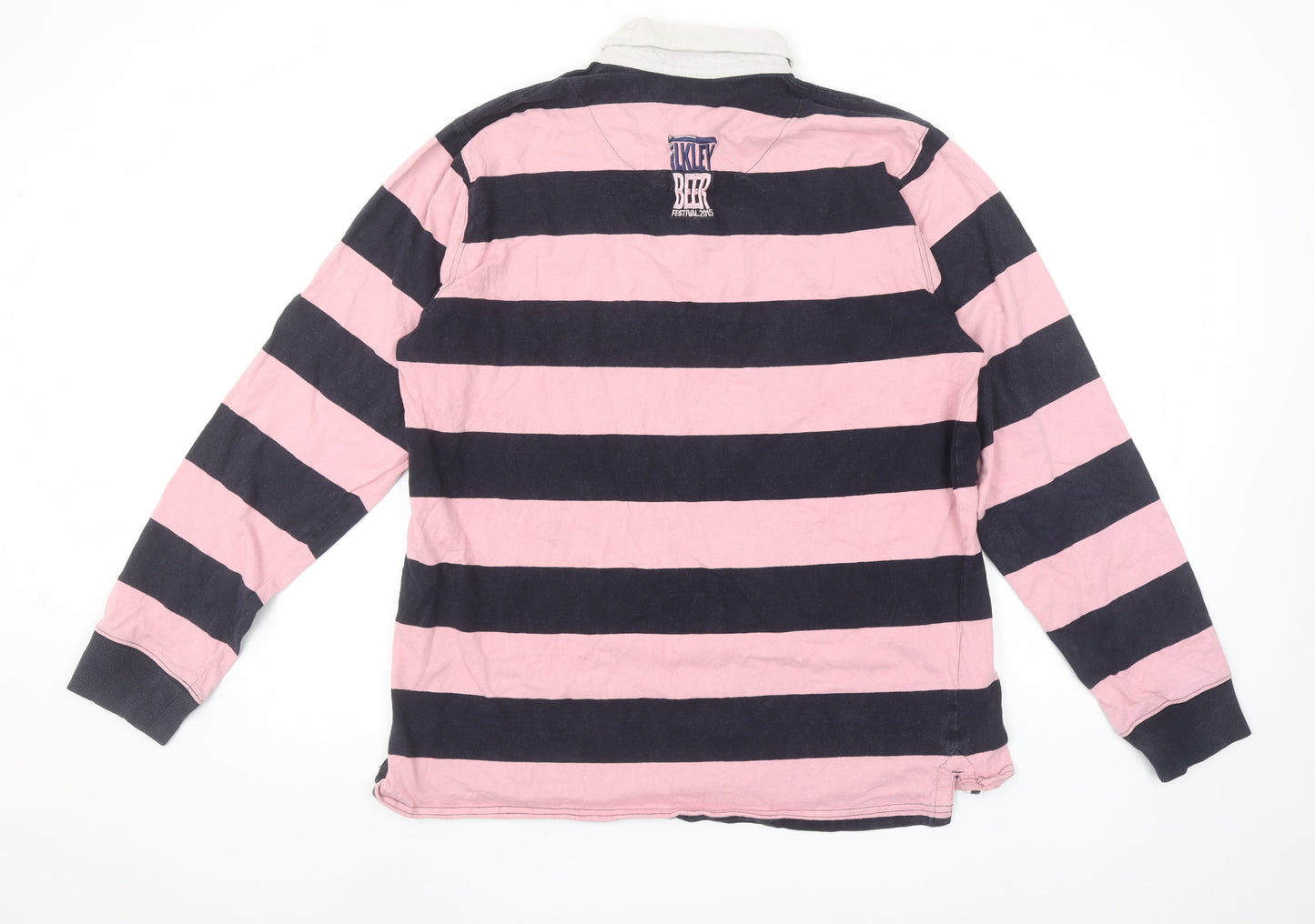 Front Row Men's Pink & Navy Striped Long Sleeve Polo XL Rugby Style