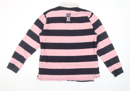 Front Row Men's Pink & Navy Striped Long Sleeve Polo XL Rugby Style