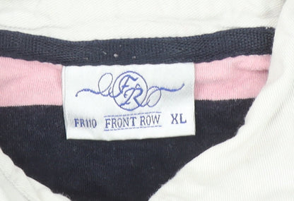 Front Row Men's Pink & Navy Striped Long Sleeve Polo XL Rugby Style