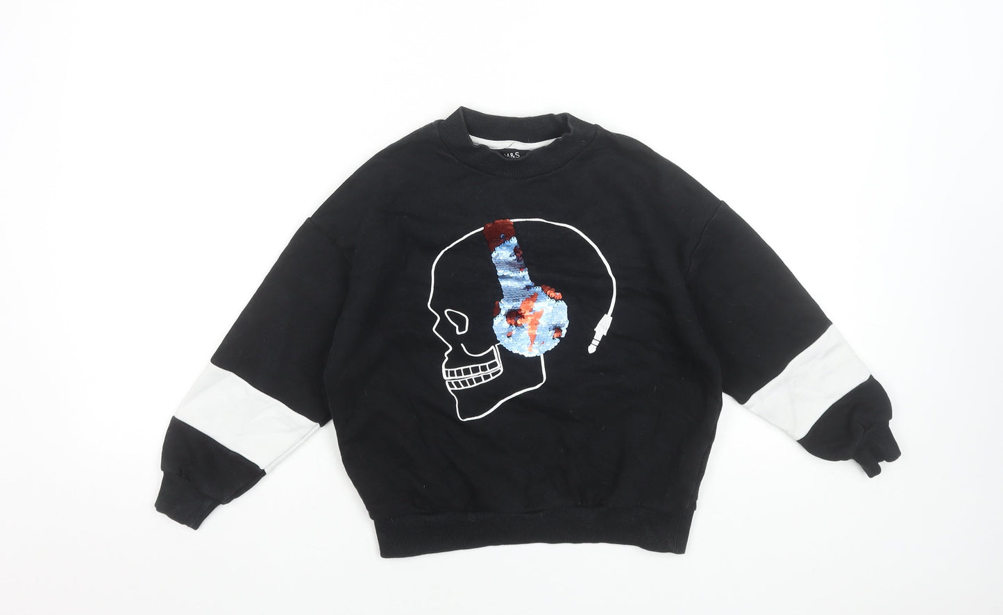 Marks and Spencer Boys Black Sequin Skull Sweatshirt 7-8 Years Pullover Jumper