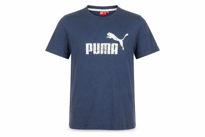 Front view of Puma Men's Blue Small Crew Neck Graphic Logo Sports T-Shirt