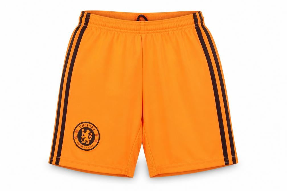 Front view of Adidas boys’ orange chelsea football club athletic shorts, size S