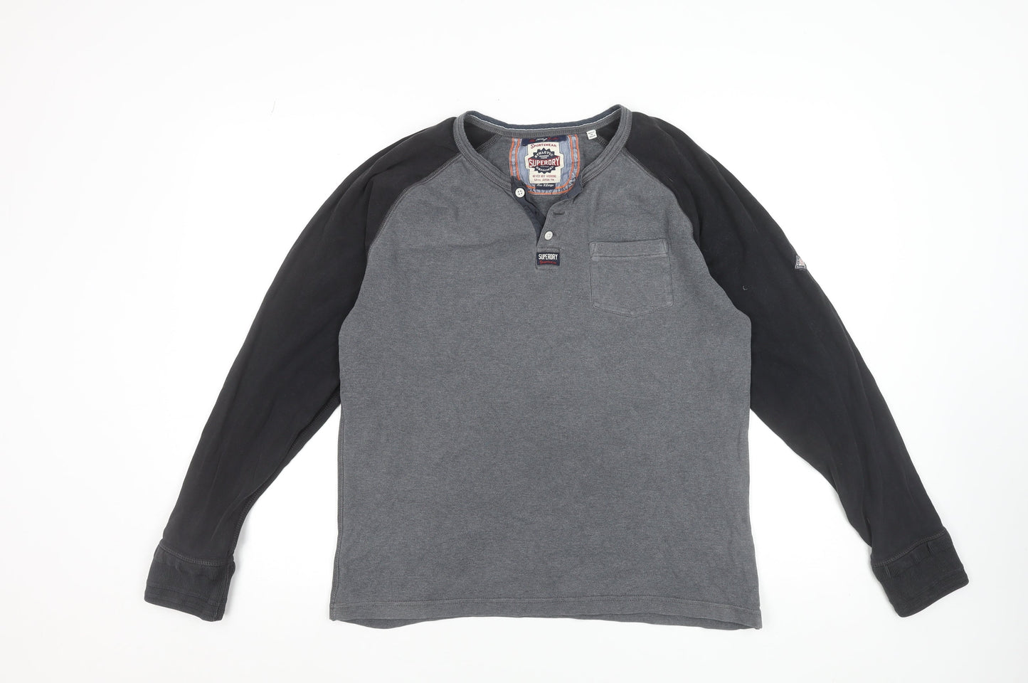 Superdry Men's Grey Long Sleeve Henley Cotton T-Shirt Size L