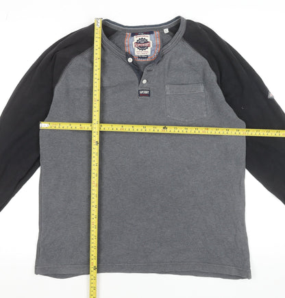 Superdry Men's Grey Long Sleeve Henley Cotton T-Shirt Size L