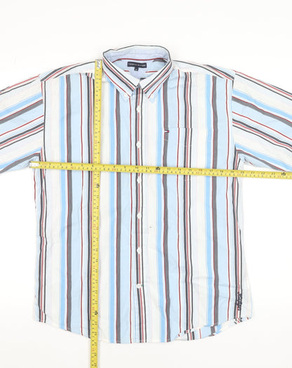 Tommy Hilfiger Men's Blue Striped Button-Down Shirt Size 16 Regular Cotton