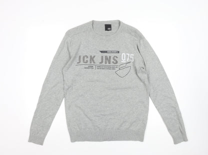 Jack & Jones Men's Grey Cotton Pullover Jumper M Crew Neck Casual