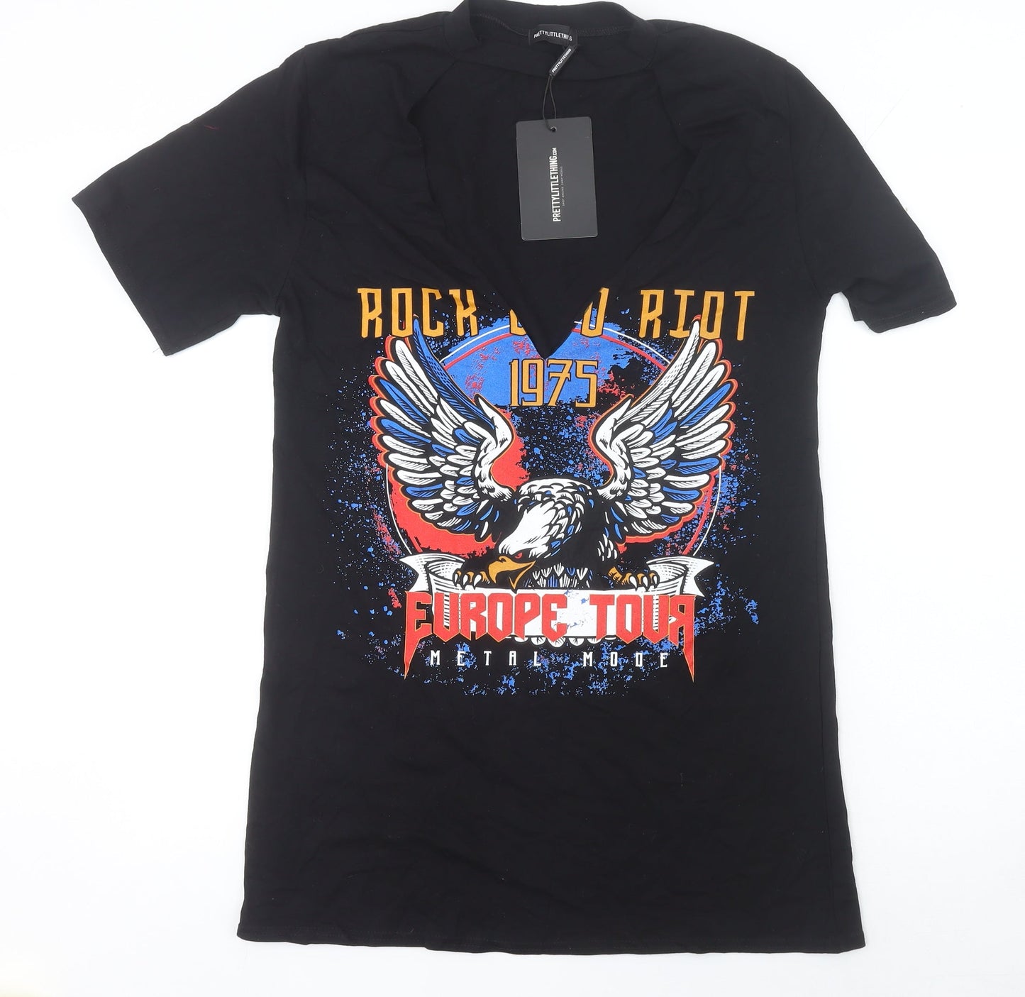 PrettyLittleThing Women’s Black Rock Eagle Graphic V-Neck T-Shirt Size 8