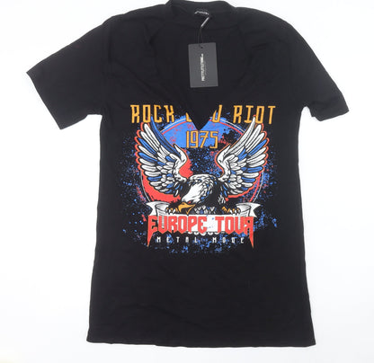 PrettyLittleThing Women’s Black Rock Eagle Graphic V-Neck T-Shirt Size 8