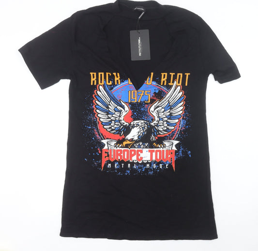 PrettyLittleThing Women’s Black Rock Eagle Graphic V-Neck T-Shirt Size 8