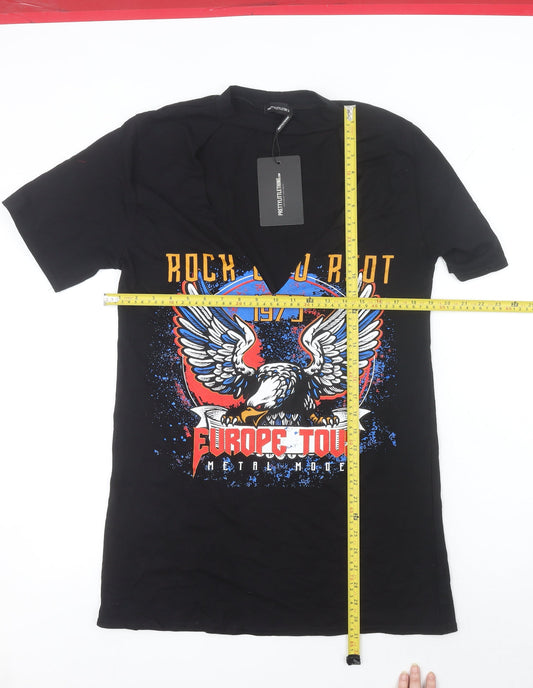 PrettyLittleThing Women’s Black Rock Eagle Graphic V-Neck T-Shirt Size 8
