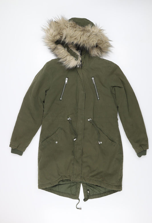 New Look Women's Green Parka Coat Size 8 Fur Trim Hooded Winter Jacket