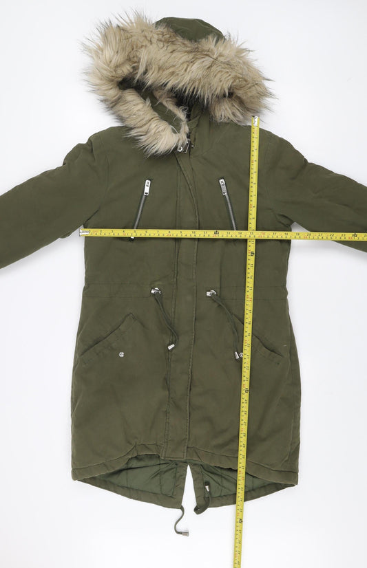 New Look Women's Green Parka Coat Size 8 Fur Trim Hooded Winter Jacket