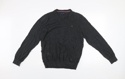 Tommy Hilfiger Men's Grey Cotton V-Neck Jumper Size M