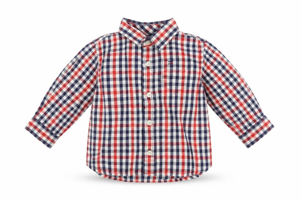 Front view of Tommy Hilfiger Baby unisex multicoloured check cotton button-up shirt 12m