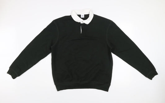 Zara Men Black Collared Pullover Jumper Medium Cotton Blend