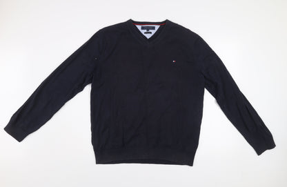 Tommy Hilfiger Men’s Blue Cotton V-Neck Jumper XL Classic Knit