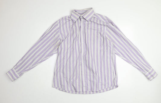 BHS Men's Purple Striped Non-Iron Long Sleeve Cotton Blend Shirt Size 16.5 Regular