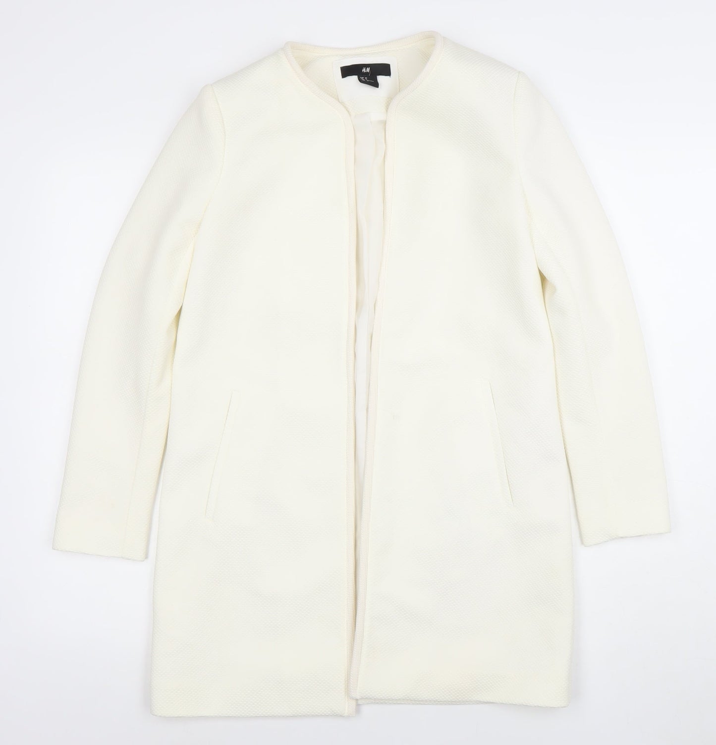 H&M Women Ivory Long Sleeve Mid-Length Open Front Blazer Coat Size 8