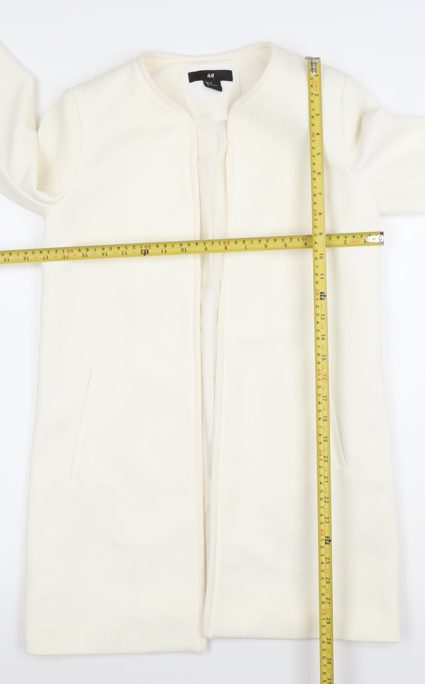 H&M Women Ivory Long Sleeve Mid-Length Open Front Blazer Coat Size 8