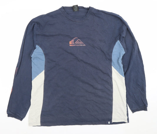 Quiksilver Men's Blue Long Sleeve Colourblock Cotton T-Shirt Size L