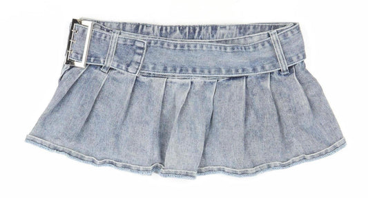 PrettyLittleThing Women's Blue Denim Pleated Mini Skirt Size 10