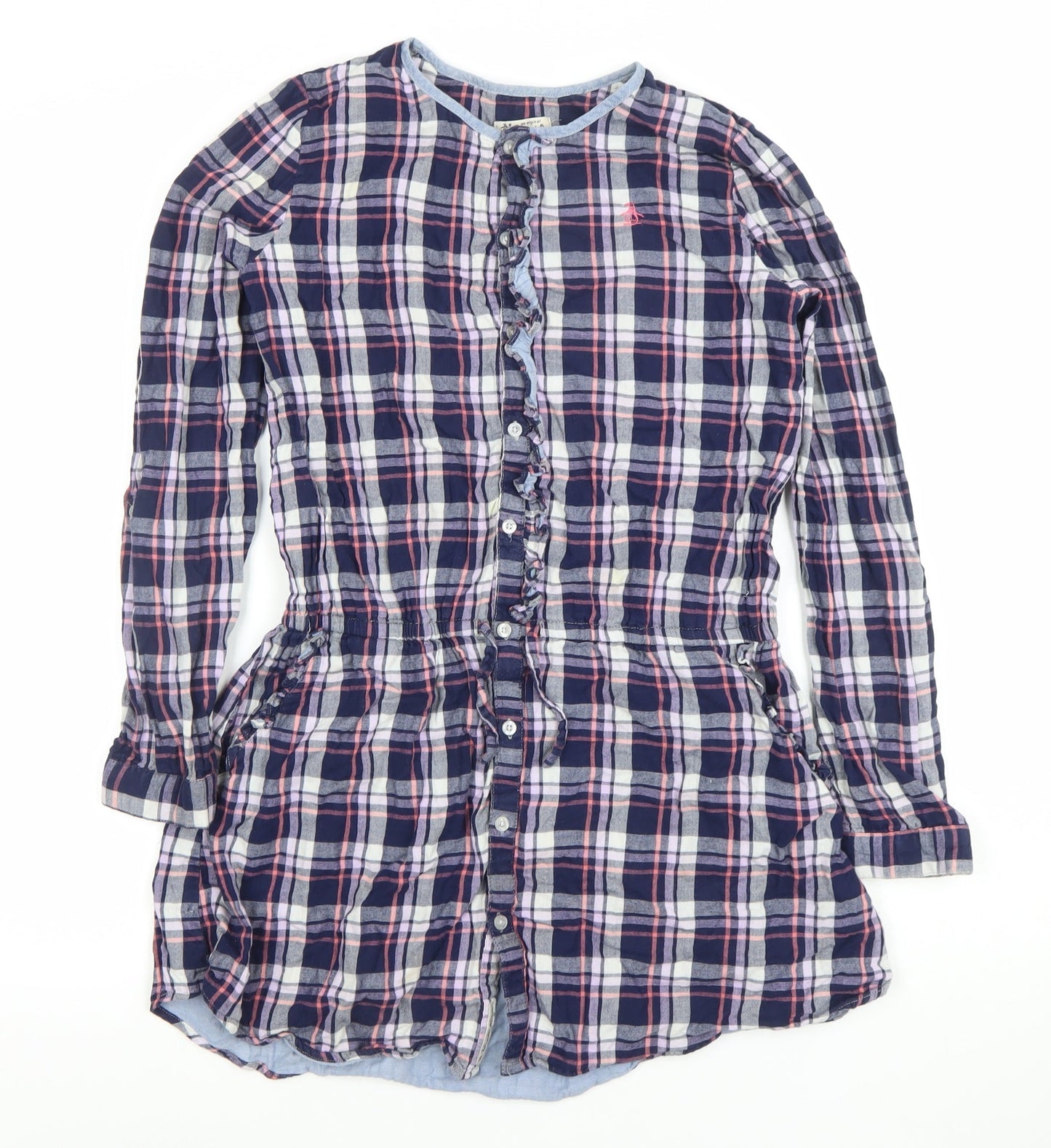 Original Penguin Girls Navy Check Shirt Dress 14-15 Years Cotton Long Sleeve