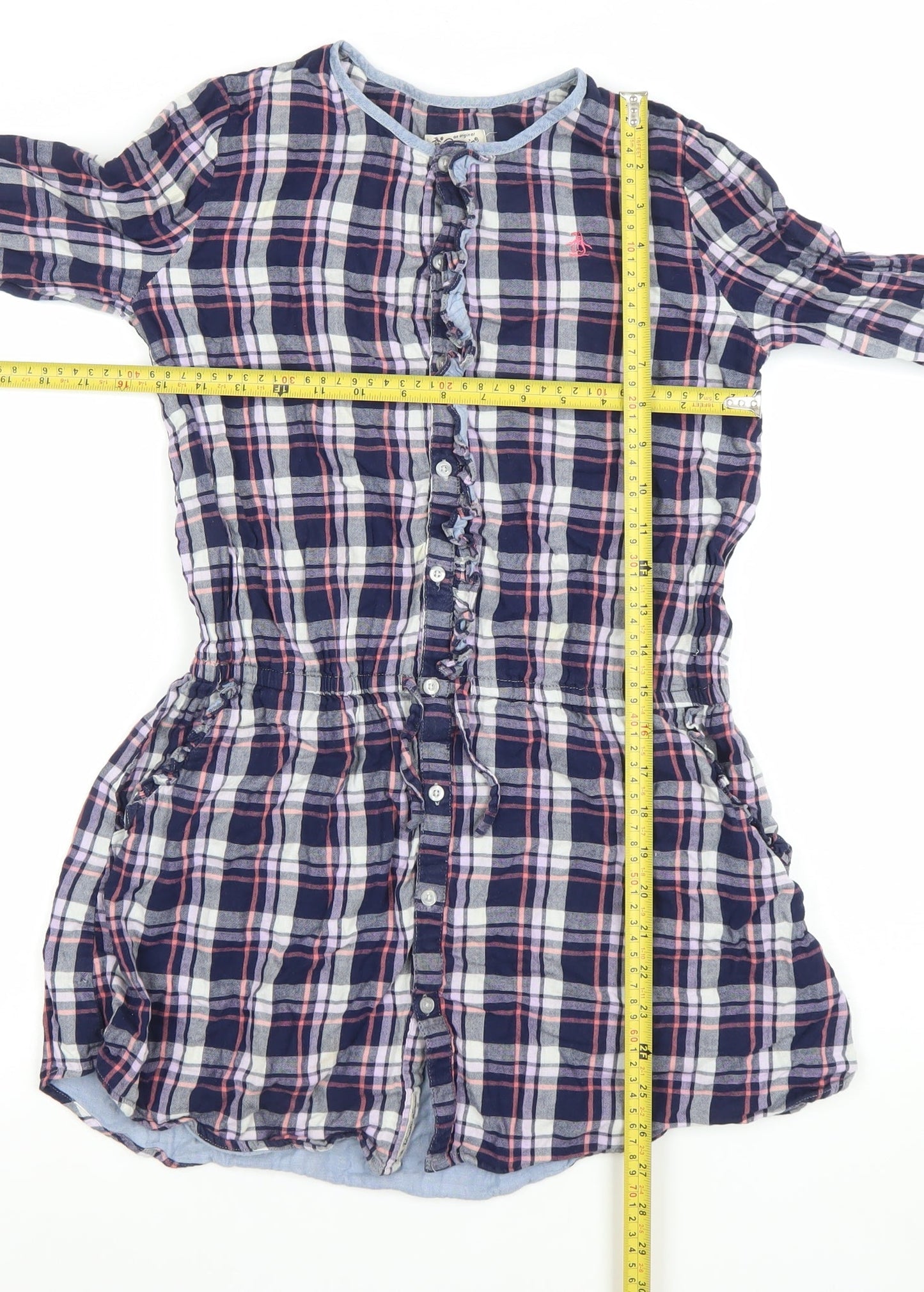 Original Penguin Girls Navy Check Shirt Dress 14-15 Years Cotton Long Sleeve