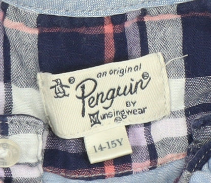 Original Penguin Girls Navy Check Shirt Dress 14-15 Years Cotton Long Sleeve