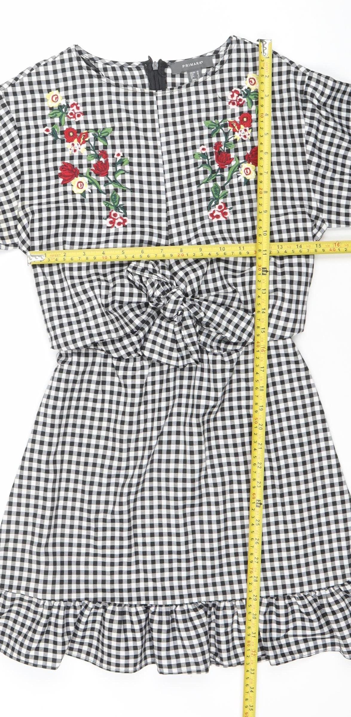 Primark Women’s Black Gingham Embroidered Short Shift Dress Size 10
