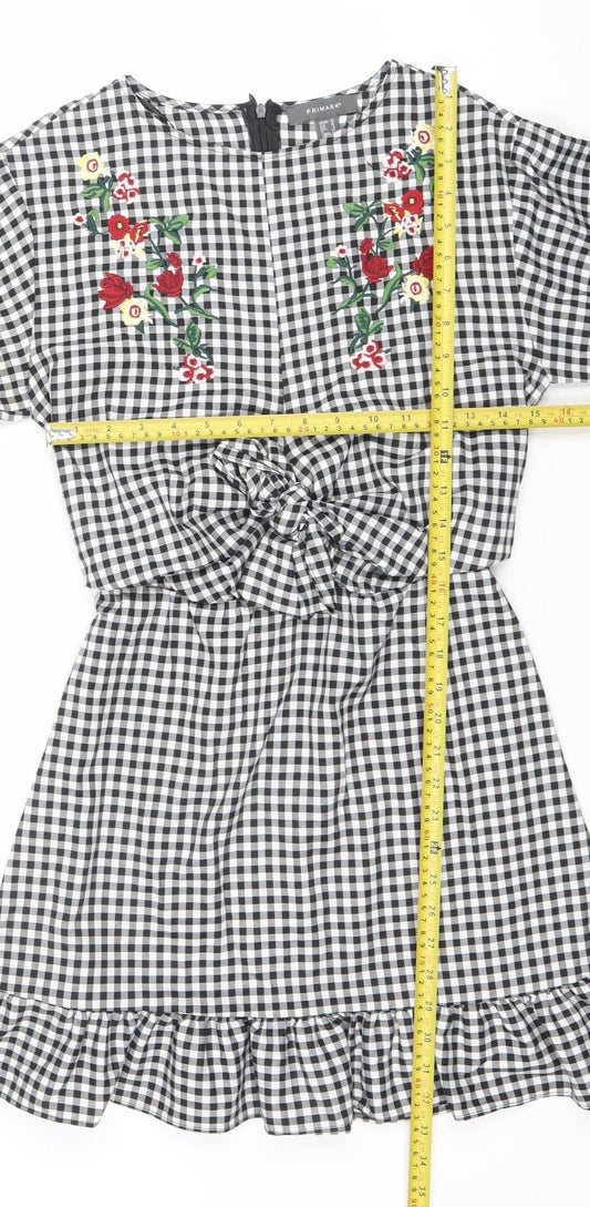 Primark Women’s Black Gingham Embroidered Short Shift Dress Size 10