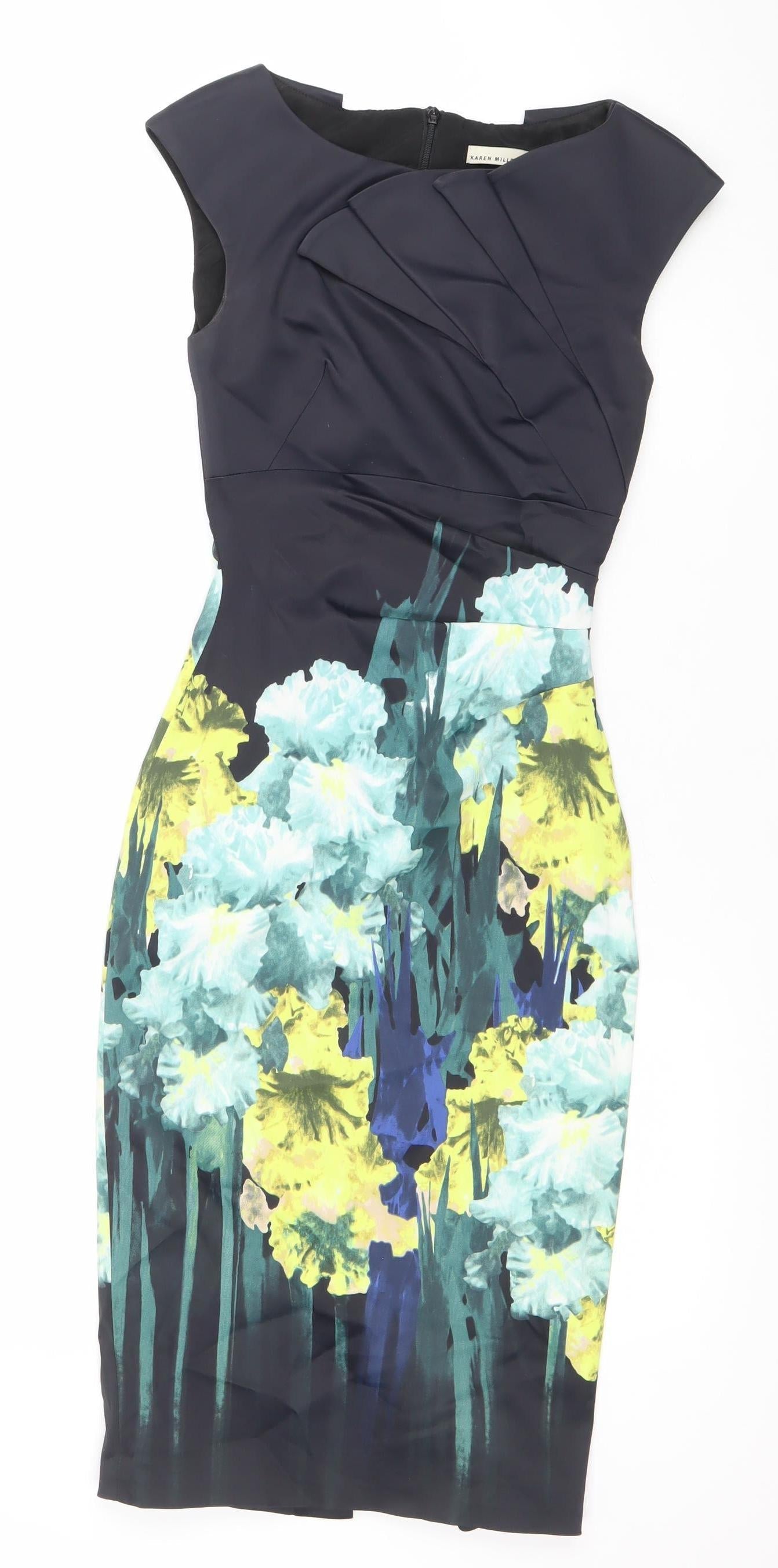 Karen Millen Women Black Floral Bodycon Dress UK 6 Short Sleeve