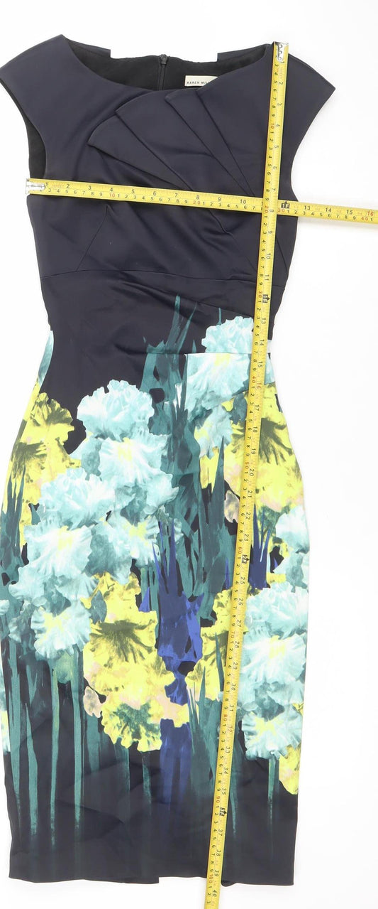 Karen Millen Women Black Floral Bodycon Dress UK 6 Short Sleeve