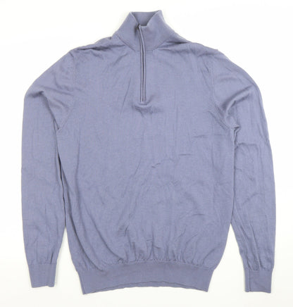 Profumo Men's Blue XL Merino Wool 1/2 Zip High Neck Jumper