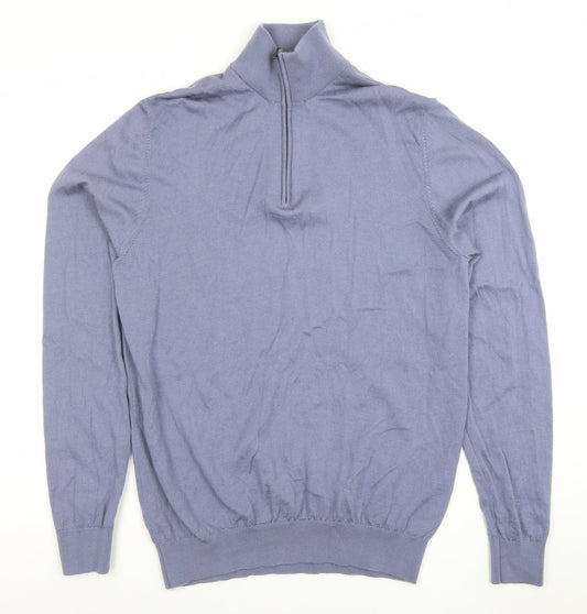 Profumo Men's Blue XL Merino Wool 1/2 Zip High Neck Jumper