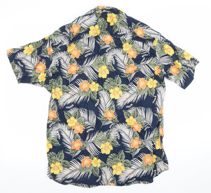 Jack & Jones Men’s Blue Hawaiian Floral Short Sleeve Button-Up Vacay Shirt M